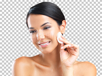 Buy stock photo Happy woman, face and cotton pad for makeup removal, beauty or cosmetics isolated on a transparent PNG background. Female person or model touching skin with smile for facial treatment or body care