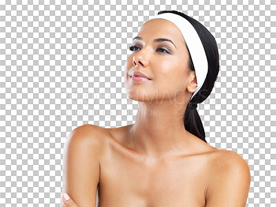 Buy stock photo Skin care, beauty and face of a woman isolated on a transparent, png background. Aesthetic model person from Portugal with spa cosmetics, facial glow and dermatology or natural makeup and headband