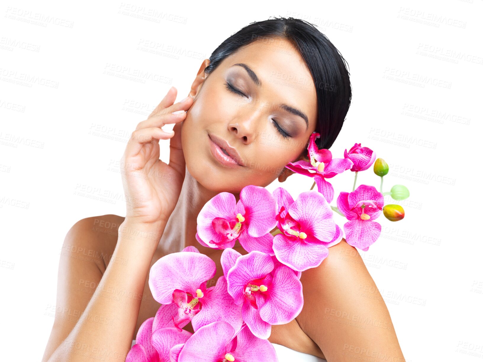 Buy stock photo Woman with flowers, beauty for skin and natural skincare with cosmetics isolated on transparent png background. Organic, vegan and eco friendly cosmetic care, female model and dermatology with nature