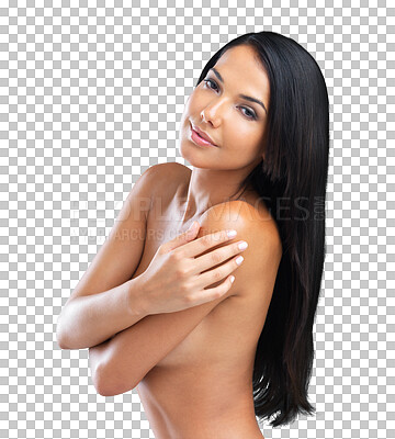 Buy stock photo Portrait, naked and woman with beauty, skincare and confident girl isolated against a transparent background. Face, female person or model with cosmetics, nude and glowing skin with png and self care