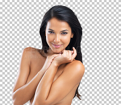 Buy stock photo Body care, beauty and portrait of young woman with natural, health and wellness routine. Sensual, smile and attractive female model with cosmetic skin treatment isolated by transparent png background