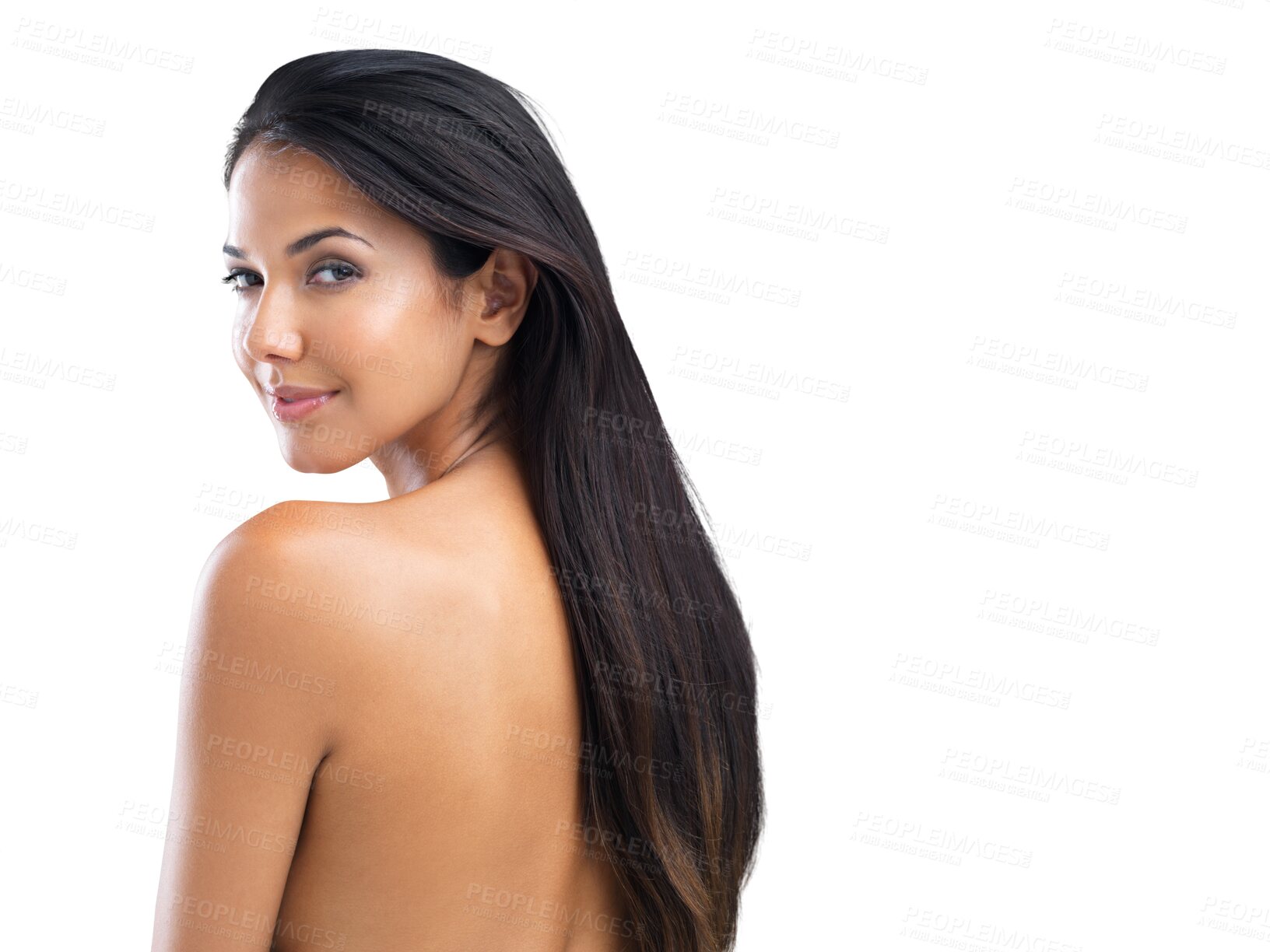 Buy stock photo Nude, skincare and portrait of woman with a glow, beauty smile and luxury salon treatment. Happy, naked and cosmetics model showing back for cosmetic results isolated on a transparent png background