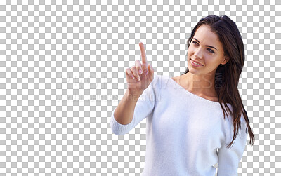 Buy stock photo Isolated woman, pressing invisible button and hand for choice, decision and transparent png background. Girl, model or student with index finger, thinking and vision to choose, ideas and smile