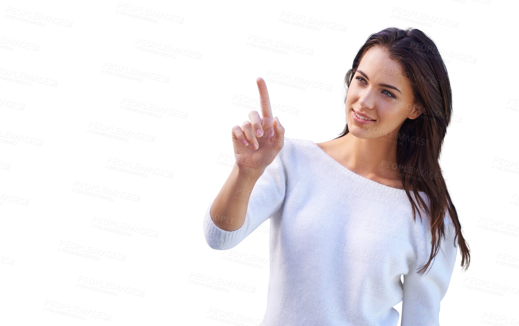 Buy stock photo Isolated woman, pressing invisible button and hand for choice, decision and transparent png background. Girl, model or student with index finger, thinking and vision to choose, ideas and smile