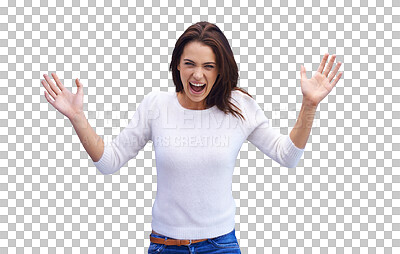 Buy stock photo Happy, portrait of a woman with celebration and isolated against a transparent png background. Happiness, smile and excited or cheerful young female person celebrating for achievement or success.