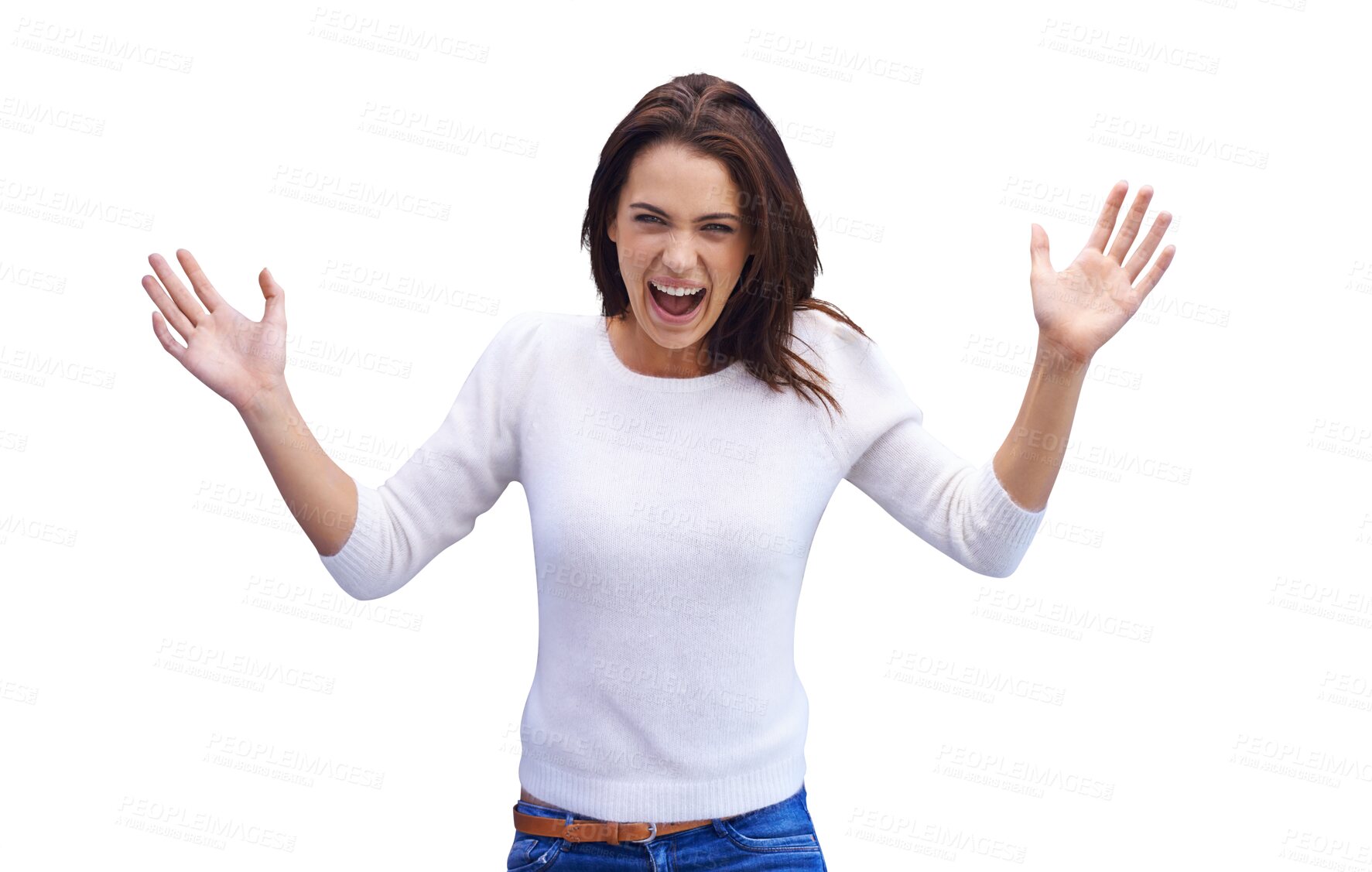 Buy stock photo Happy, portrait of a woman with celebration and isolated against a transparent png background. Happiness, smile and excited or cheerful young female person celebrating for achievement or success.