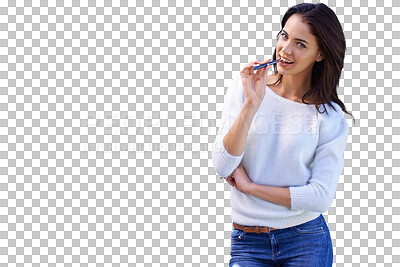 Buy stock photo Isolated woman, portrait and bite pen with smile, thinking and ideas by transparent png background. Happy girl, model and female student with inspiration for education, mindset and planning goals 