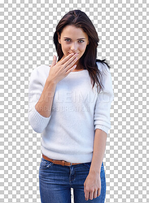 Buy stock photo Secret, woman portrait and oops or hand cover mouth isolated on transparent png background for gossip or news. Shy, beautiful and young person in casual fashion or clothes looking embarrassed