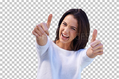 Buy stock photo Thumbs up, happy portrait and woman isolated on transparent, png background for success, like or yes emoji. Excited face of young person, winner or model with okay hands, thank you or winning sign