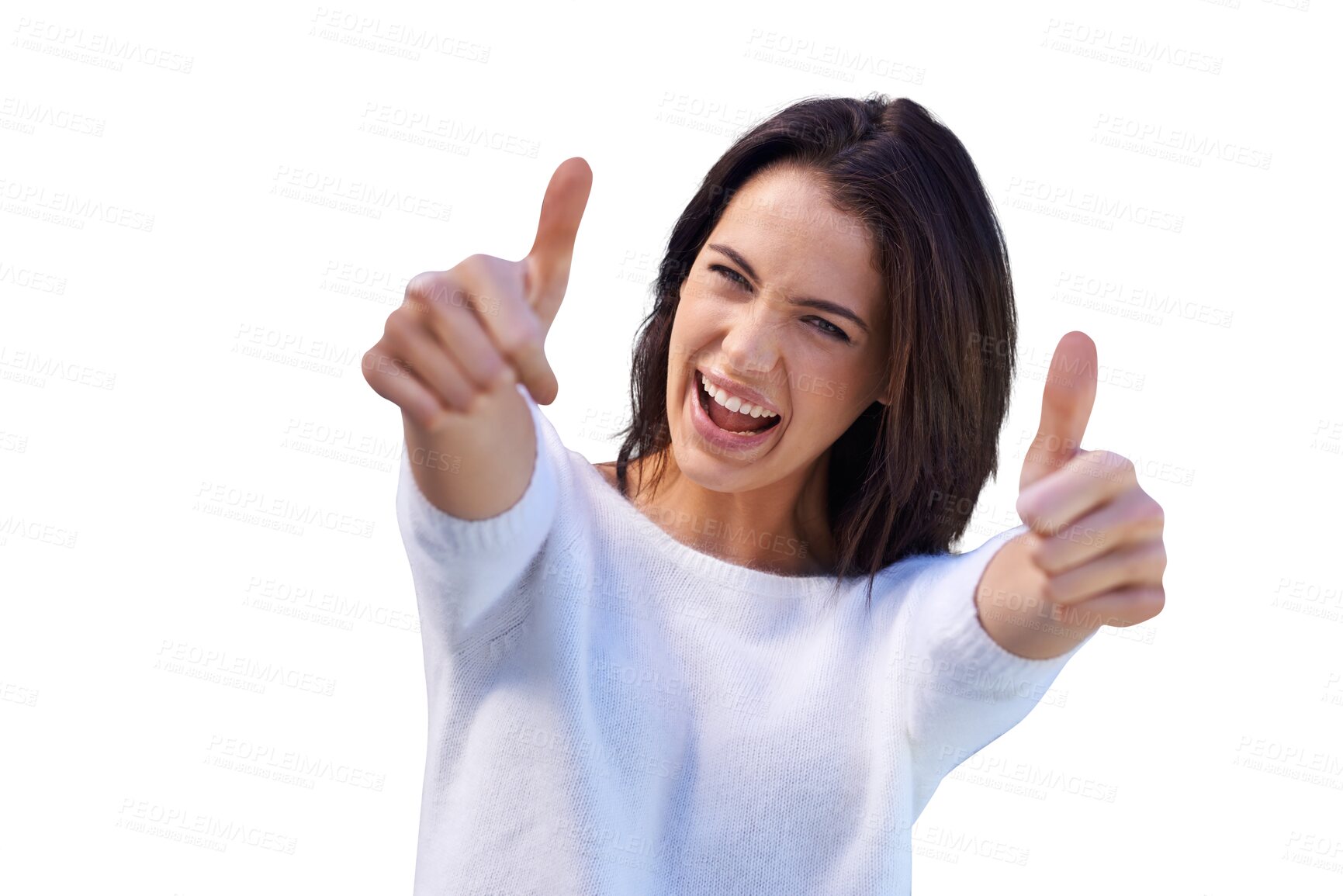 Buy stock photo Thumbs up, happy portrait and woman isolated on transparent, png background for success, like or yes emoji. Excited face of young person, winner or model with okay hands, thank you or winning sign