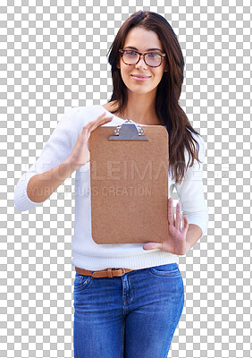 Buy stock photo Isolated woman, empty clipboard and portrait for sign up, volunteer recruitment and transparent png background. Girl, welcome and blank checklist for signature, students vote and mockup with smile