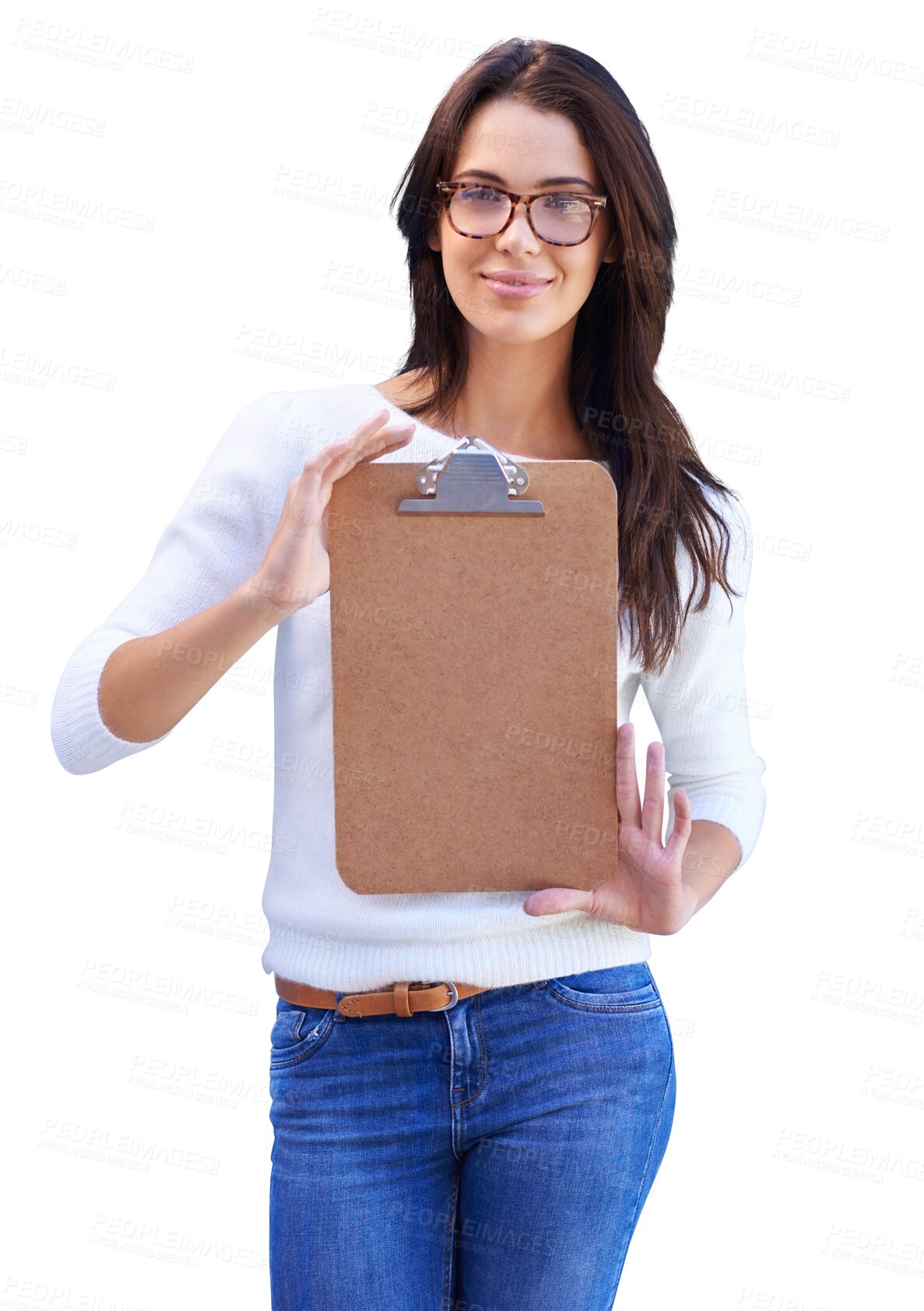 Buy stock photo Isolated woman, empty clipboard and portrait for sign up, volunteer recruitment and transparent png background. Girl, welcome and blank checklist for signature, students vote and mockup with smile