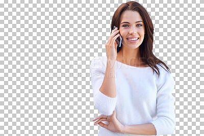 Buy stock photo Phone call, portrait and happy woman isolated on a transparent, png background for communication or good news. Young person or model speaking, conversation and chat on mobile for networking and smile