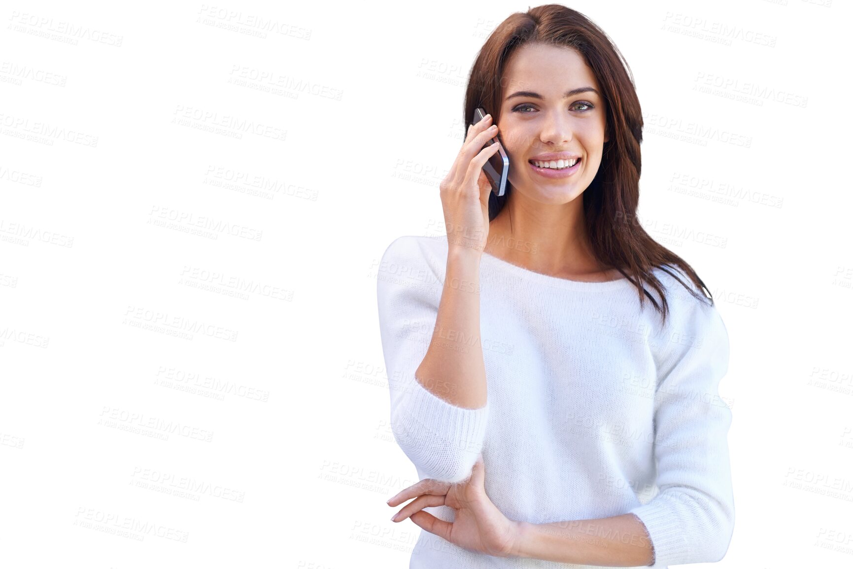 Buy stock photo Phone call, portrait and happy woman isolated on a transparent, png background for communication or good news. Young person or model speaking, conversation and chat on mobile for networking and smile