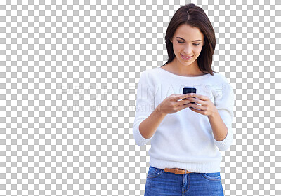 Buy stock photo Phone, typing and happy woman online isolated on a transparent, png background for communication or chat. Young person or model reading, search or social networking on mobile or internet with smile