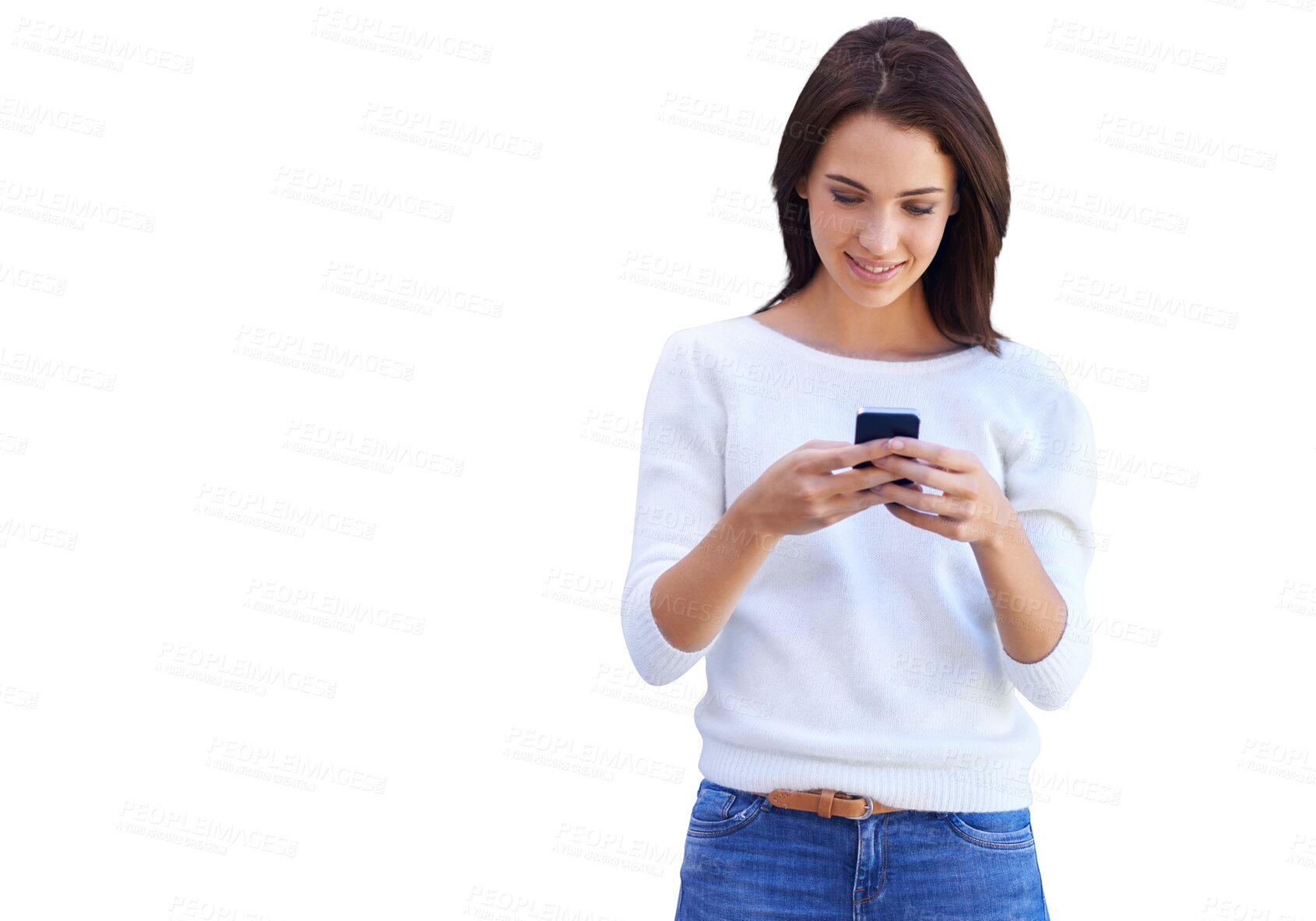 Buy stock photo Phone, typing and happy woman online isolated on a transparent, png background for communication or chat. Young person or model reading, search or social networking on mobile or internet with smile