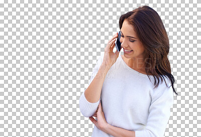 Buy stock photo Phone call, happy talking and woman isolated on a transparent png background for communication or news. Young person, model and speaking on conversation, chat and mobile networking with smile