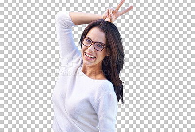 Buy stock photo Smile, peace sign and portrait of woman with glasses isolated on a transparent png background. Face, v hand gesture and person with emoji for bunny ears, winner and victory, achievement or success.