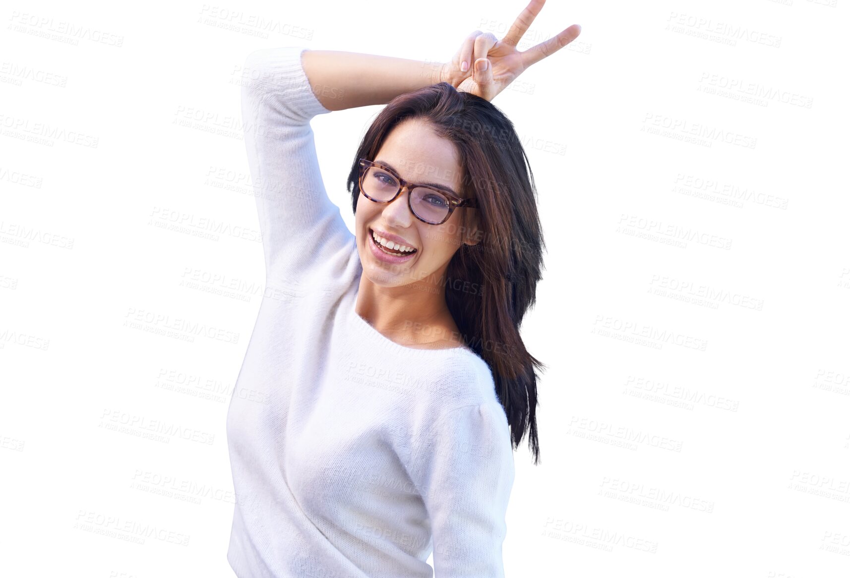 Buy stock photo Smile, peace sign and portrait of woman with glasses isolated on a transparent png background. Face, v hand gesture and person with emoji for bunny ears, winner and victory, achievement or success.