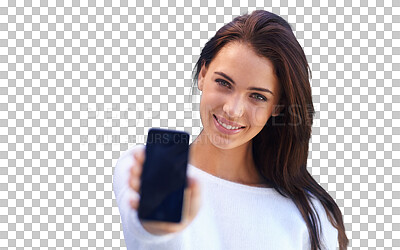 Buy stock photo Isolated woman, blank phone screen and portrait with smile, youth or mockup by transparent png background. Girl, space or model with smartphone for social media app, communication or contact on web