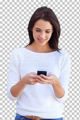 Buy stock photo Phone, reading and happy woman online isolated on a transparent, png background for communication or chat. Young person, model or typing to search on social networking, mobile or internet with smile