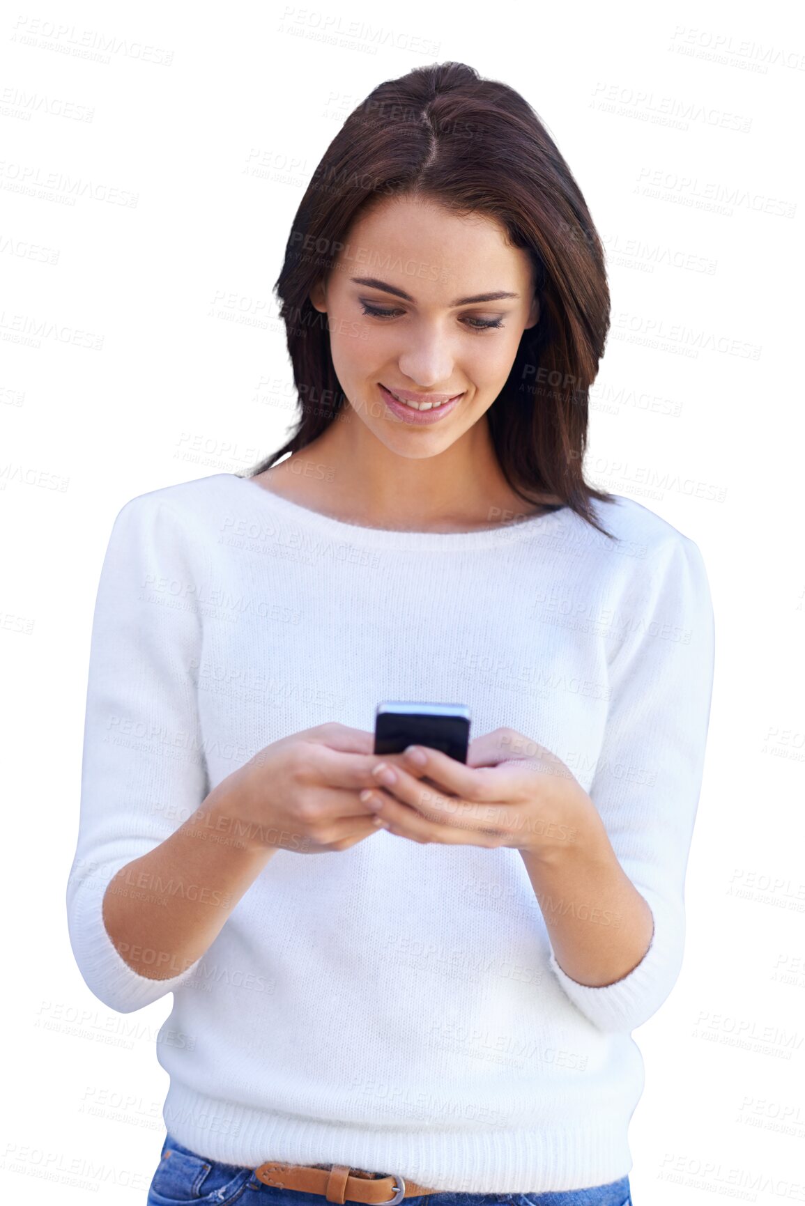 Buy stock photo Phone, reading and happy woman online isolated on a transparent, png background for communication or chat. Young person, model or typing to search on social networking, mobile or internet with smile