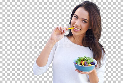 Buy stock photo Isolated woman, portrait and eating salad with organic diet, wellness and transparent png background. Girl, model or smile with food, vegetables or lunch for vegan nutrition, healthy and self care