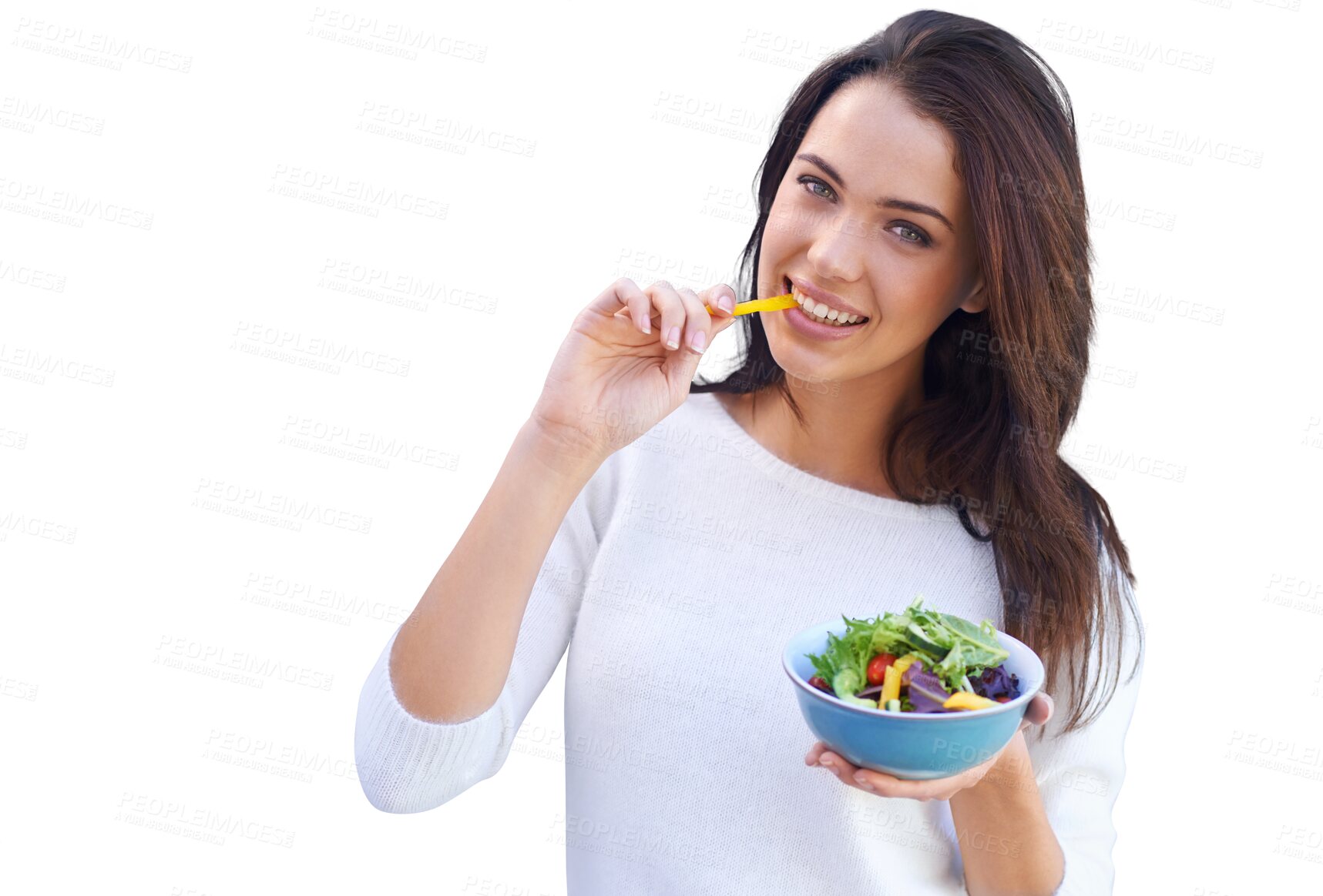 Buy stock photo Isolated woman, portrait and eating salad with organic diet, wellness and transparent png background. Girl, model or smile with food, vegetables or lunch for vegan nutrition, healthy and self care