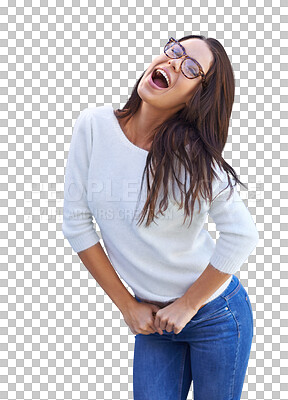 Buy stock photo Woman, excited and happiness for crazy singing, glasses and positivity isolated on a transparent png background. Happy, fun and young female model in playful mood with positive energy to celebrate