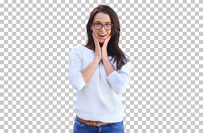 Buy stock photo Woman, happy surprise in portrait and face with wow expression for good news isolated on transparent png background. Announcement, notification and female model has positive reaction with shock emoji