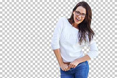 Buy stock photo Fashion, portrait and funny woman with glasses isolated on a transparent png background. Casual, style and happy female person from Norway laughing at comedy in fashionable, trendy and cool clothes.