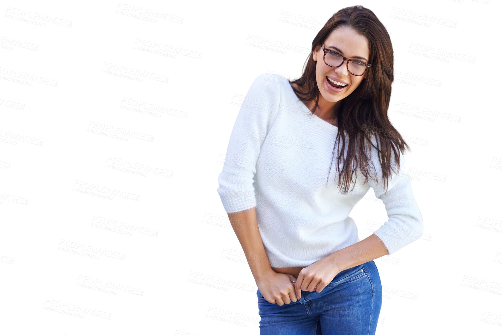 Buy stock photo Fashion, portrait and funny woman with glasses isolated on a transparent png background. Casual, style and happy female person from Norway laughing at comedy in fashionable, trendy and cool clothes.