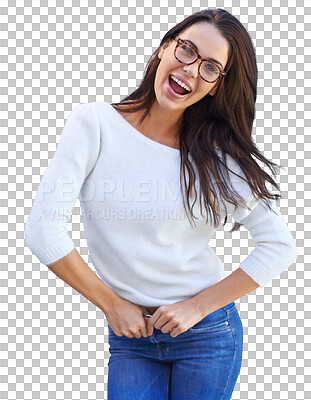 Buy stock photo Happy woman, portrait and excited in glasses for vision, carefree and casual fashion isolated on transparent png background. Happiness, young and gen z female person with prescription lens and frame