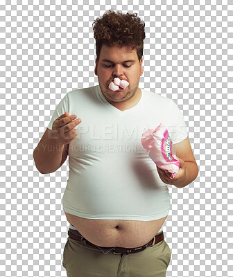 Buy stock photo Plus size, hungry man eating marshmallow and isolated against a transparent png background. Sugar or sweet for food, greed disorder or addiction and funny person eat snack or candy for unhealthy diet