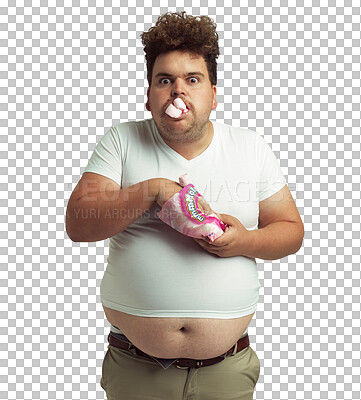 Buy stock photo Plus size man binge eating marshmallows, sweets and unhealthy lifestyle isolated on a transparent png background. Food disorder, sugar candy and surprise portrait of male person with poor nutrition