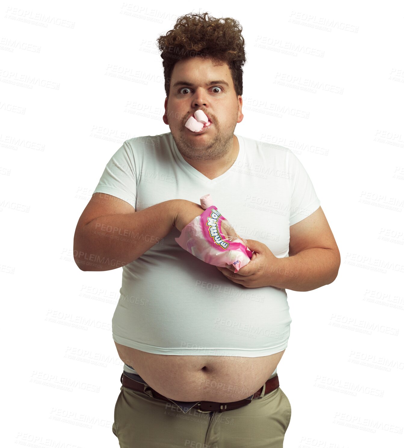 Buy stock photo Plus size man binge eating marshmallows, sweets and unhealthy lifestyle isolated on a transparent png background. Food disorder, sugar candy and surprise portrait of male person with poor nutrition