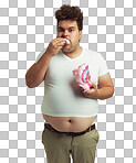 PNG Cropped shot of an overweight man shoving marshmallows into his mouth