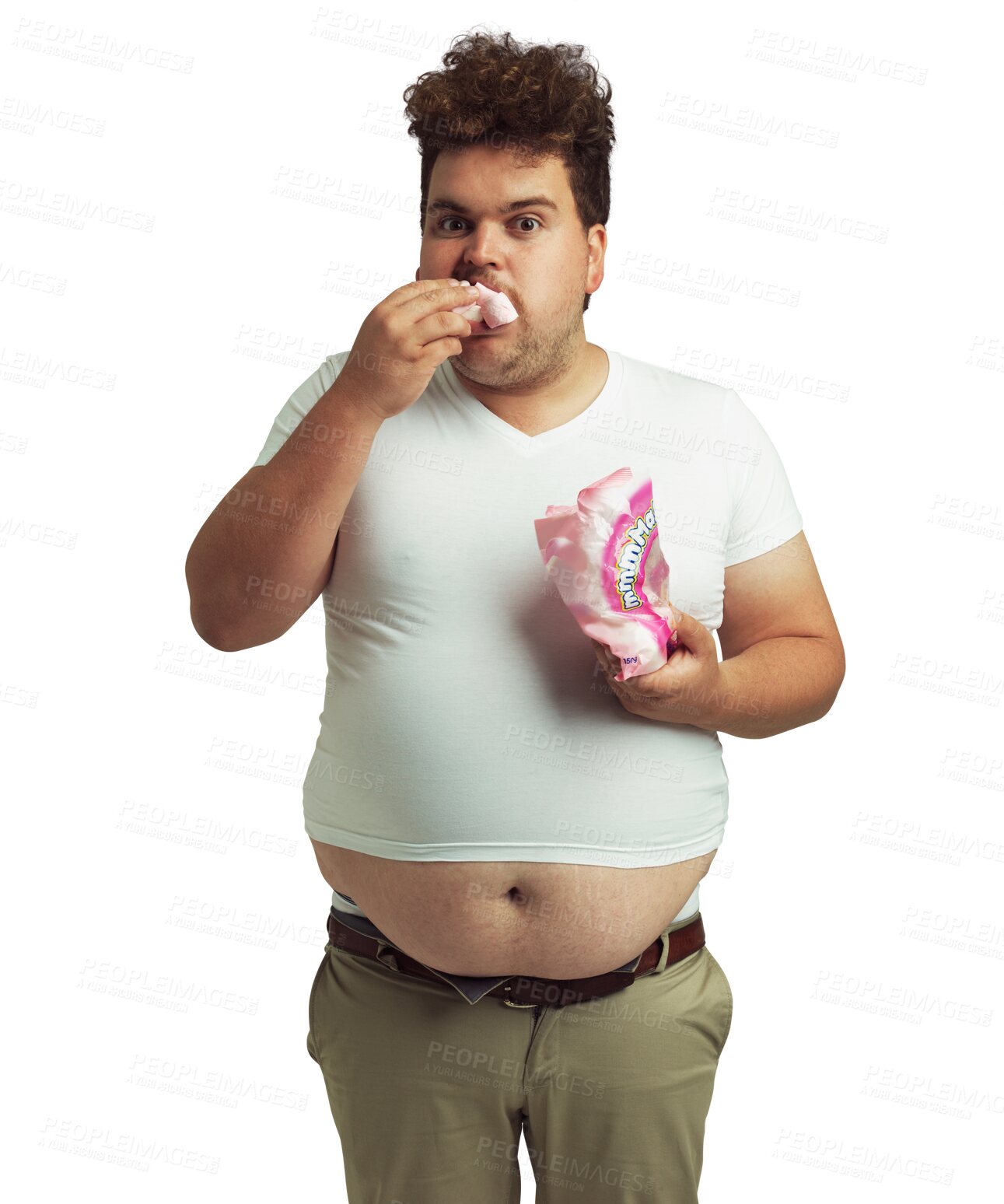 Buy stock photo Plus size man binge eating marshmallows for unhealthy lifestyle with sweets isolated on transparent png background. Food disorder, candy and male person overeating in portrait with poor nutrition