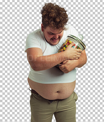 Buy stock photo Plus size man, jar and candy isolated on a transparent png background for bad nutrition, sugar and unhealthy diet. Sweets, greedy and male person with glass container for snack addiction or dessert