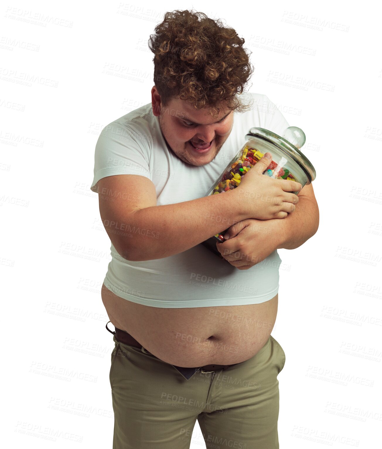 Buy stock photo Plus size man, jar and candy isolated on a transparent png background for bad nutrition, sugar and unhealthy diet. Sweets, greedy and male person with glass container for snack addiction or dessert