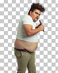 PNG of an overweight man eating a bar of chocolateisolated on a transparent PNG background