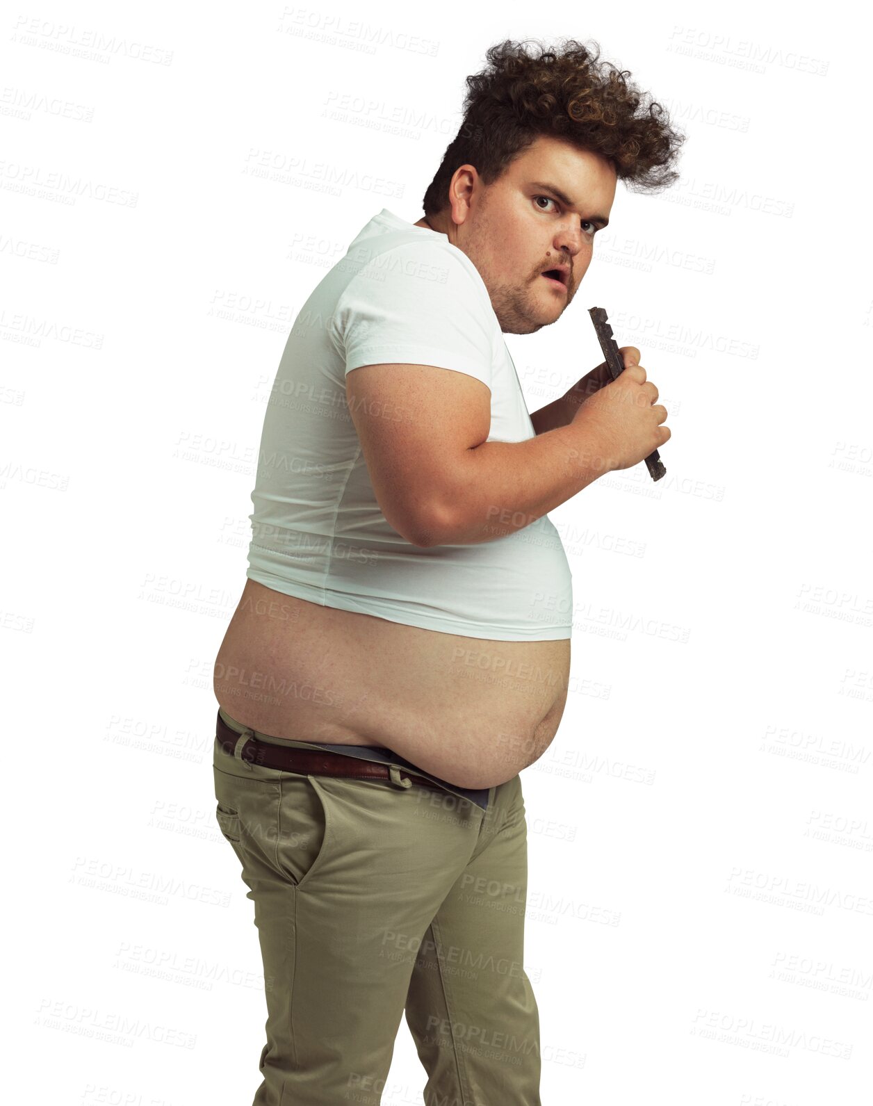 Buy stock photo Plus size, portrait of man eating chocolate and isolated on a transparent png background. Unhealthy food or candy, hunger disorder or addiction and funny male person eat sugar sweets for hungry diet