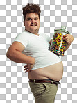 PNG Cropped shot of an overweight man holding a large jar of candy