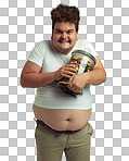 PNG Cropped shot of an overweight man holding a large jar of candy