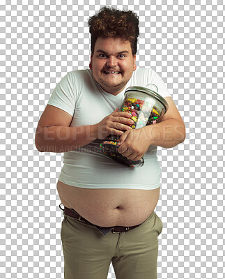 Buy stock photo Plus size man, portrait and jar of sweets isolated on a transparent png background. Candy of greedy male person with glass container, junk food or unhealthy lifestyle of bad nutrition, sugar or snack