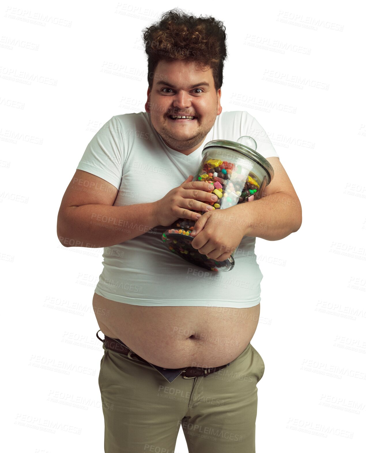 Buy stock photo Plus size man, portrait and jar of sweets isolated on a transparent png background. Candy of greedy male person with glass container, junk food or unhealthy lifestyle of bad nutrition, sugar or snack