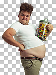 PNG Cropped shot of an overweight man holding a large jar of candy