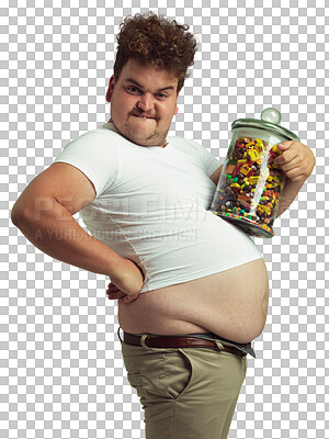 Buy stock photo Plus size, man and jar of candy in portrait isolated on a transparent png background. Sweets, greedy and funny person with glass container, junk food and unhealthy, bad nutrition and sugar diet.