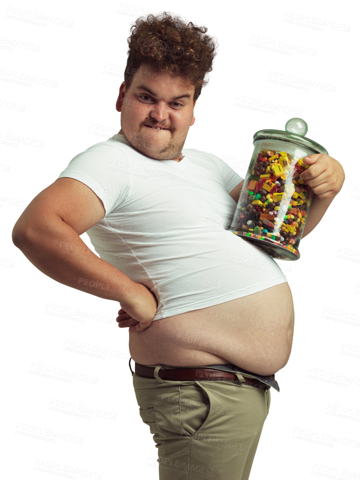 Buy stock photo Plus size, man and jar of candy in portrait isolated on a transparent png background. Sweets, greedy and funny person with glass container, junk food and unhealthy, bad nutrition and sugar diet.