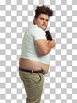 PNG  of an overweight man eating a bar of chocolate